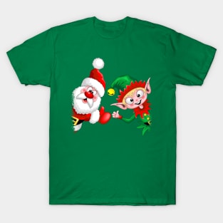 Santa and Elf Happy Christmas Characters Thumbs Up T-Shirt